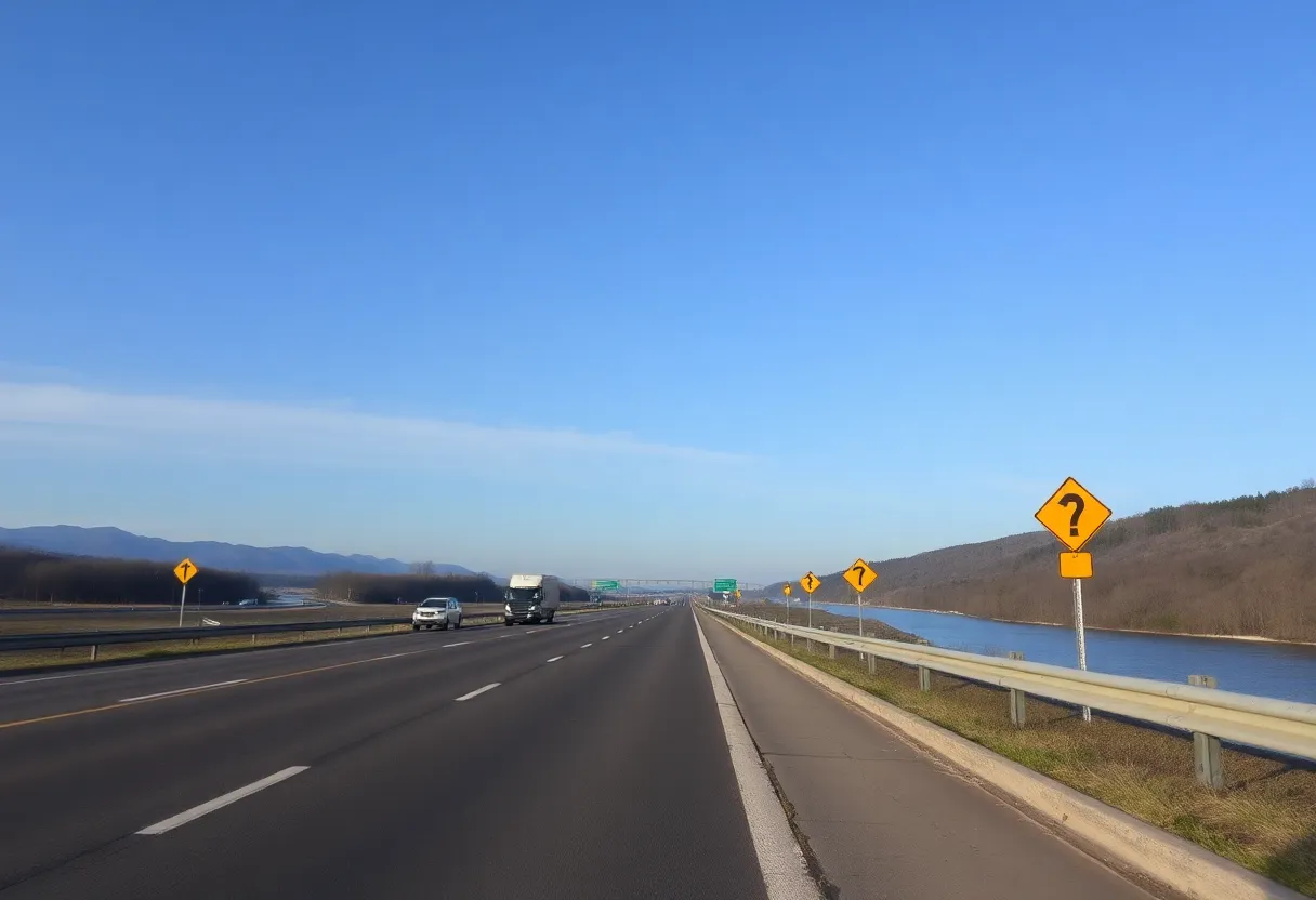 Highway with road safety signs and a scenic view of a river