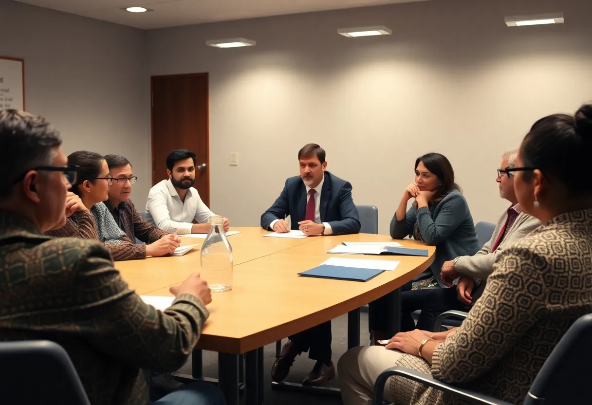 Community council members engaged in discussion during a meeting.