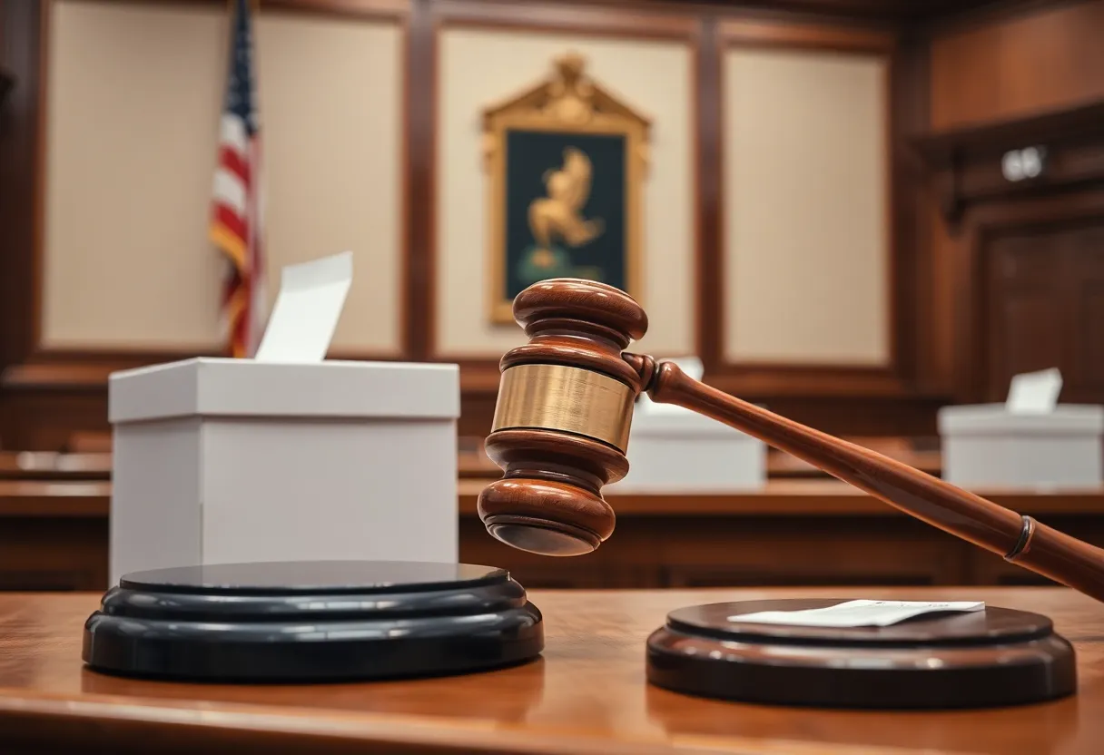 Courtroom with gavel and election ballot boxes