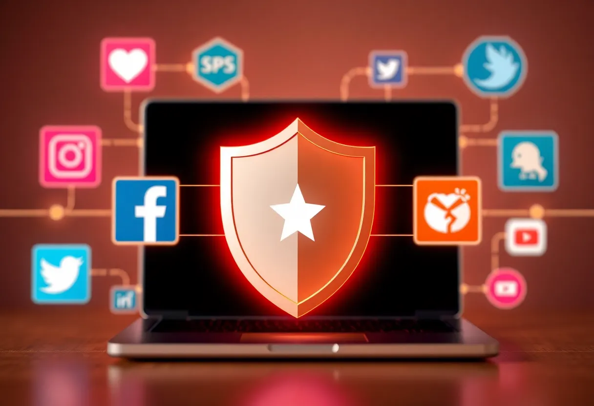 Symbolic representation of online safety for children with digital and protective themes.