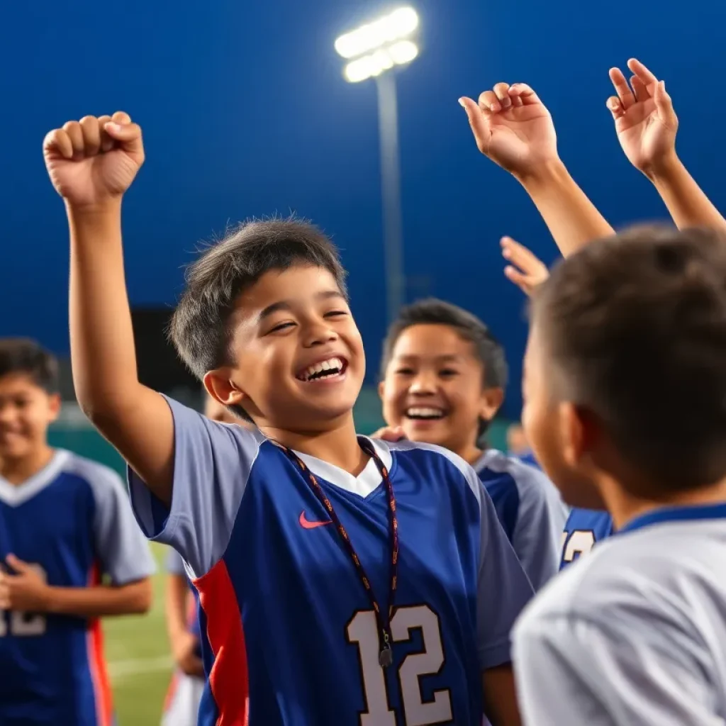 Young athlete celebrating with teammates after winning Athlete of the Week title.