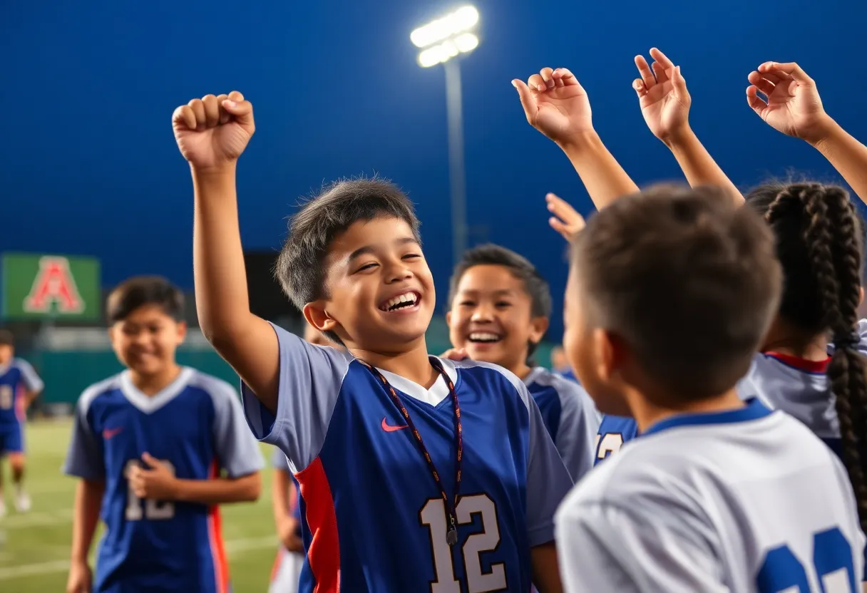 Young athlete celebrating with teammates after winning Athlete of the Week title.
