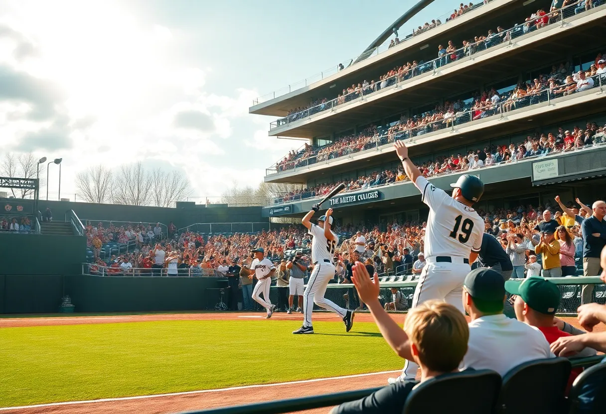 Fans cheering at a Presbyterian College baseball game