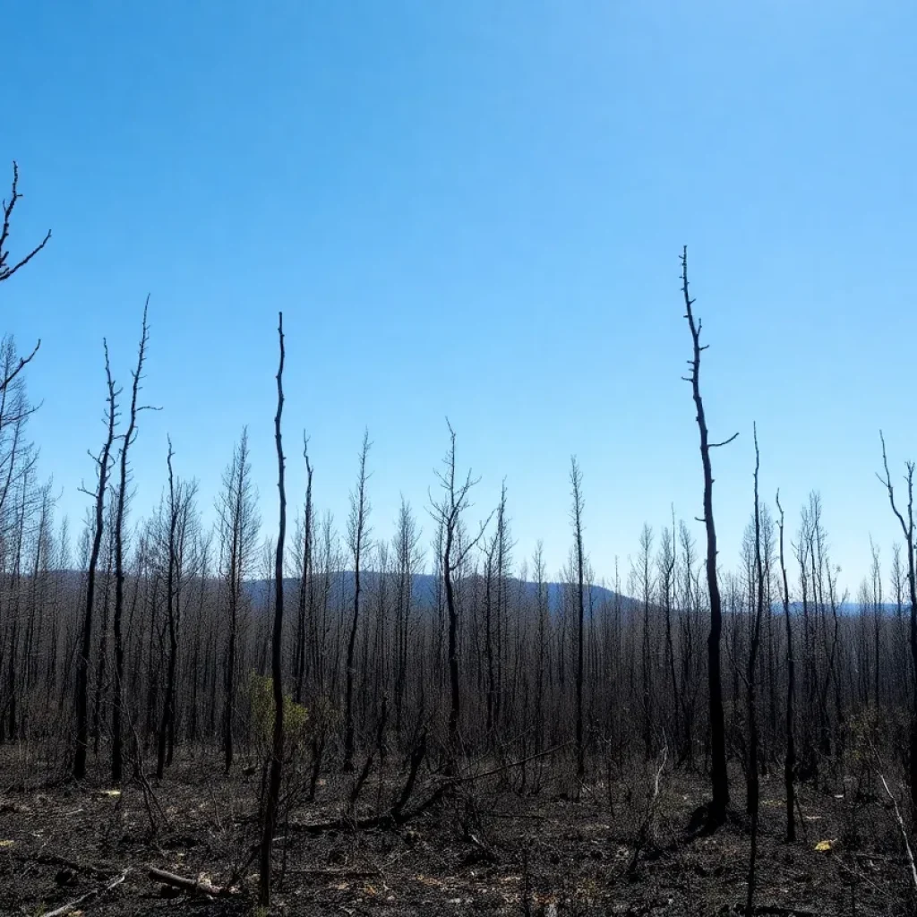 Scorched forest landscape recovering after a wildfire