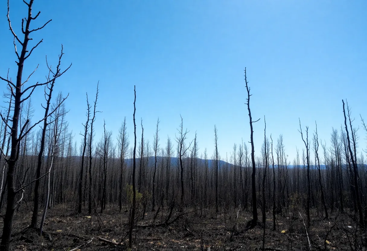 Scorched forest landscape recovering after a wildfire