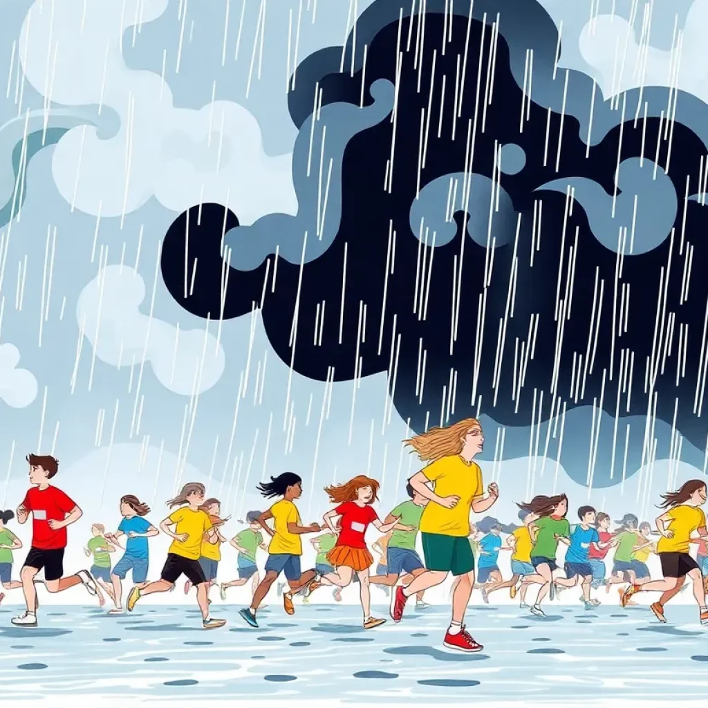 A depiction of stormy weather and a community running event