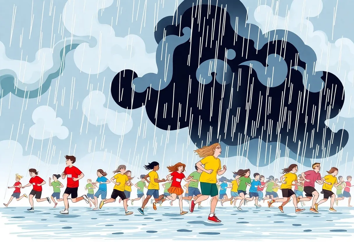 A depiction of stormy weather and a community running event
