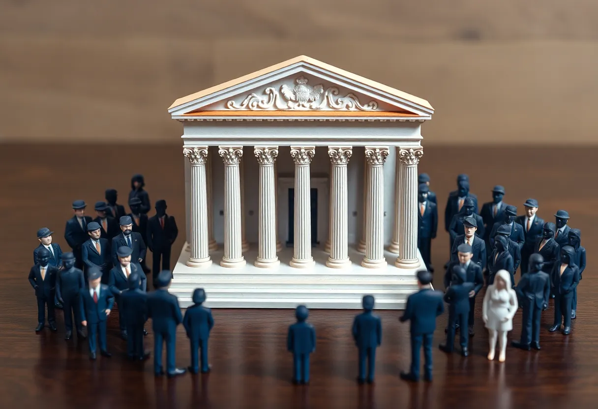 Illustration of the U.S. Supreme Court with symbols of federal employment