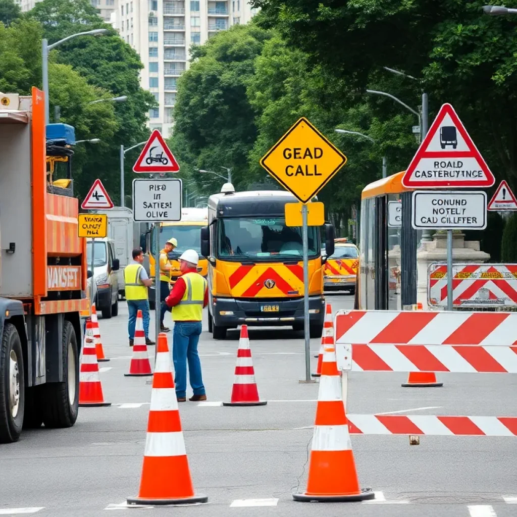 Construction workers working on West Main Street with warning signs