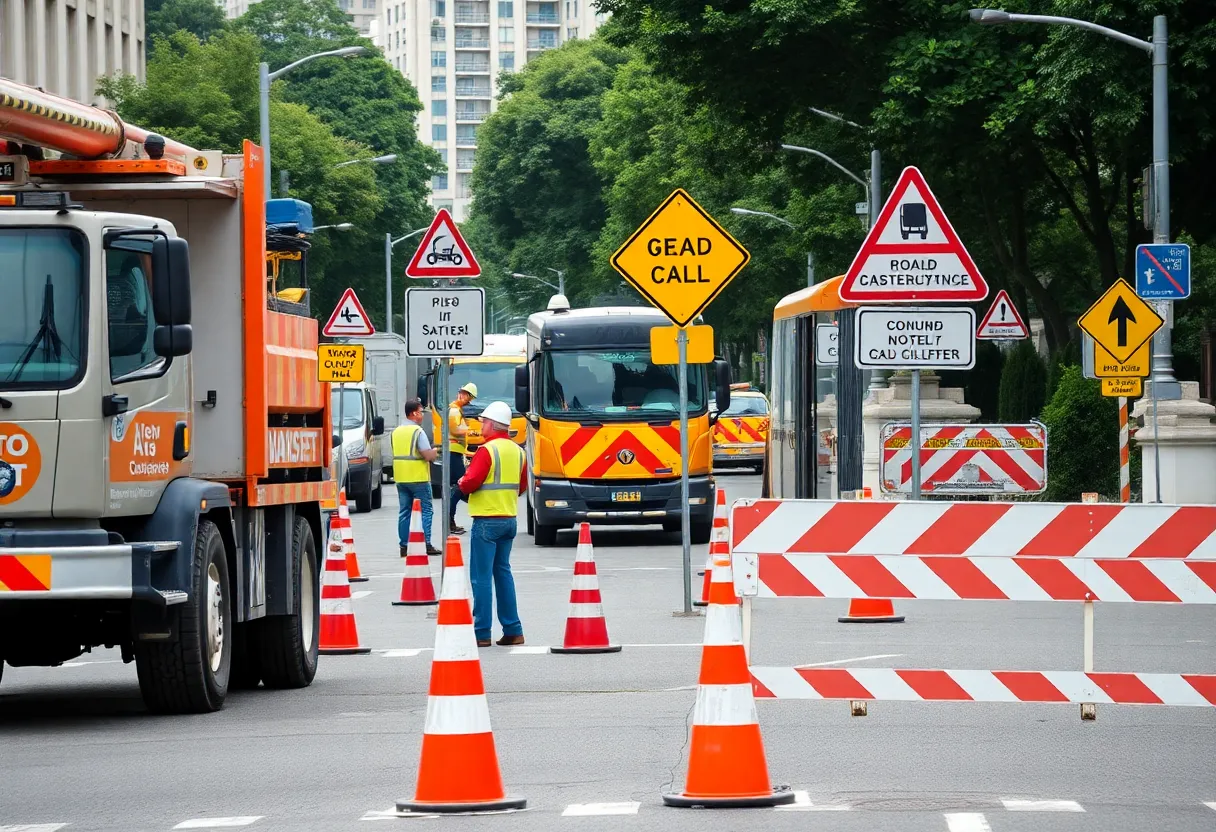 Construction workers working on West Main Street with warning signs