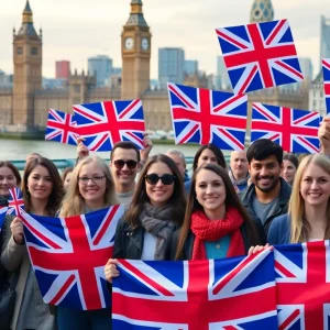 Group of hopeful individuals displaying British flags in front of iconic landmarks.