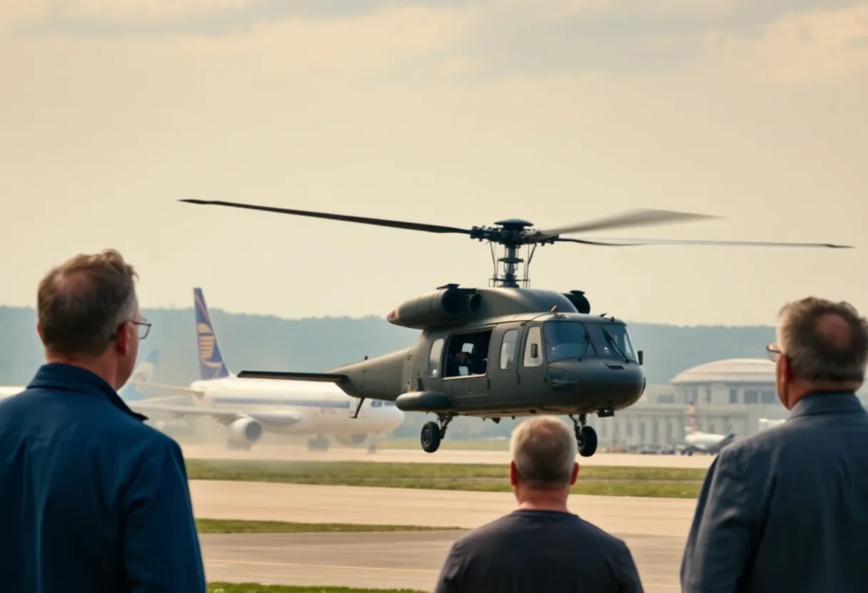 Black Hawk helicopter in close proximity to commercial airliners at busy airport