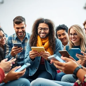 Diverse group engaging in brand storytelling with digital devices