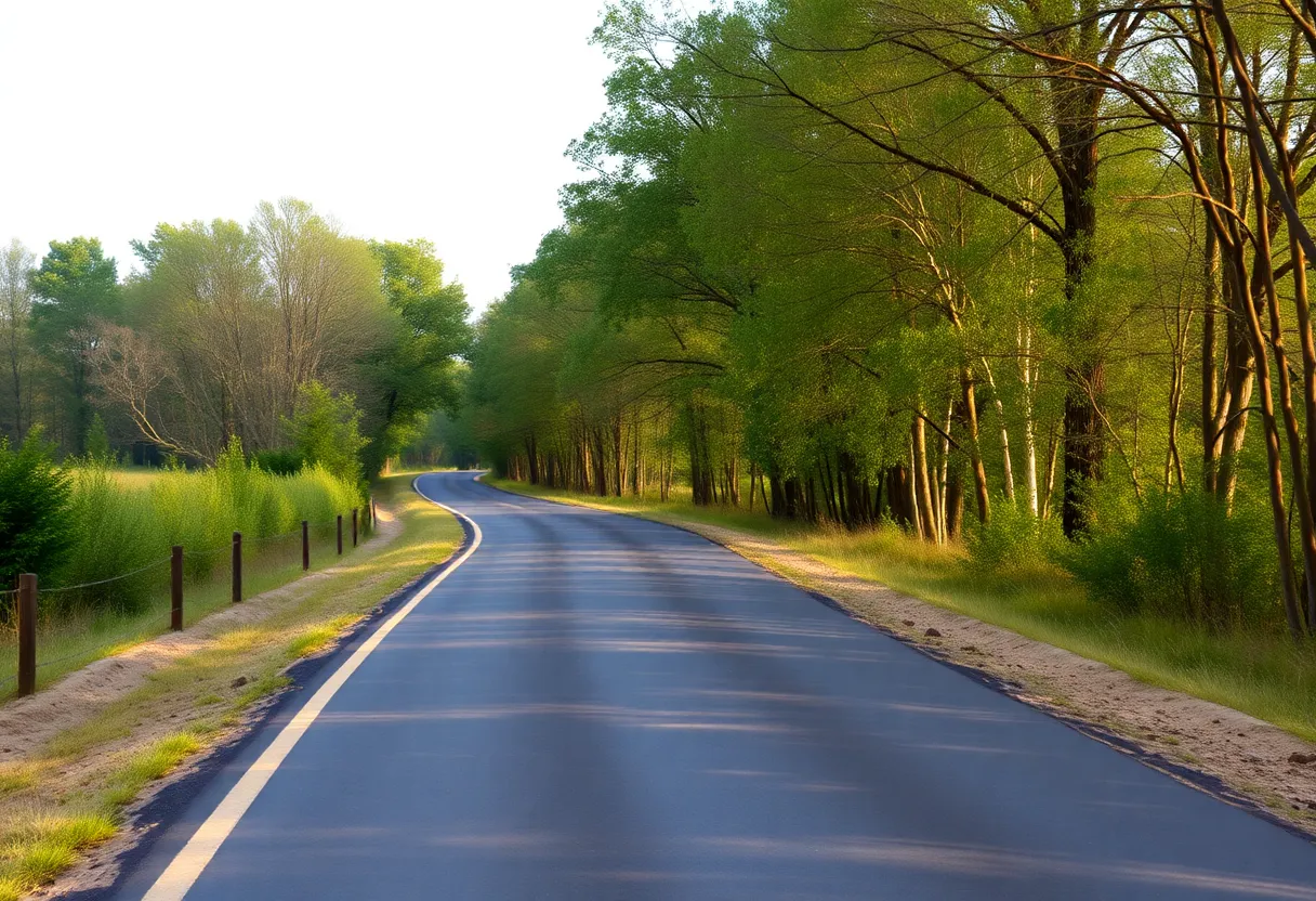 Scene of a rural road with safety signs