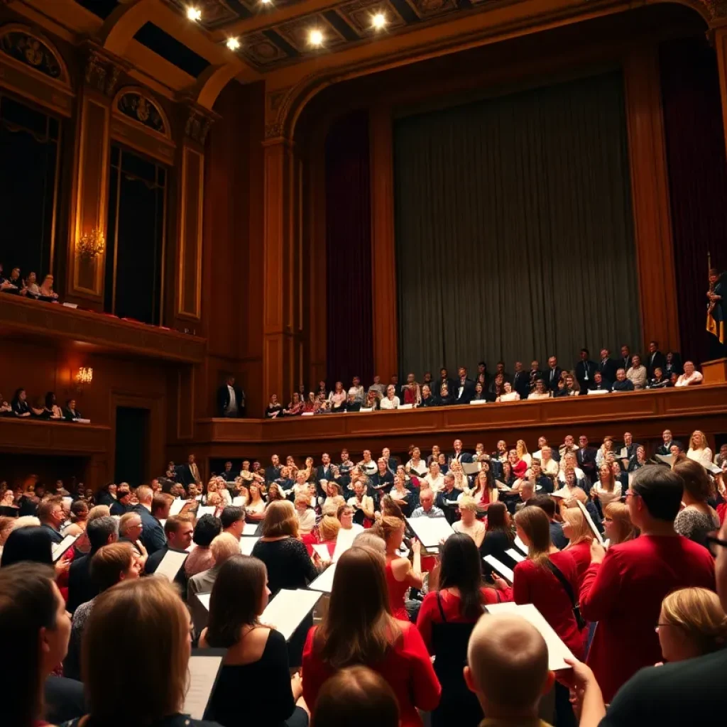 Choirs performing at Carnegie Hall during a choral concert.