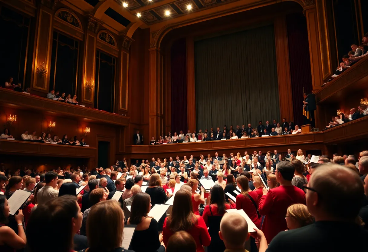 Choirs performing at Carnegie Hall during a choral concert.