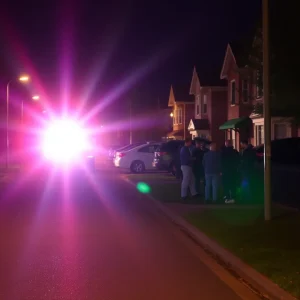 Police lights flashing on a quiet residential street in Clinton SC