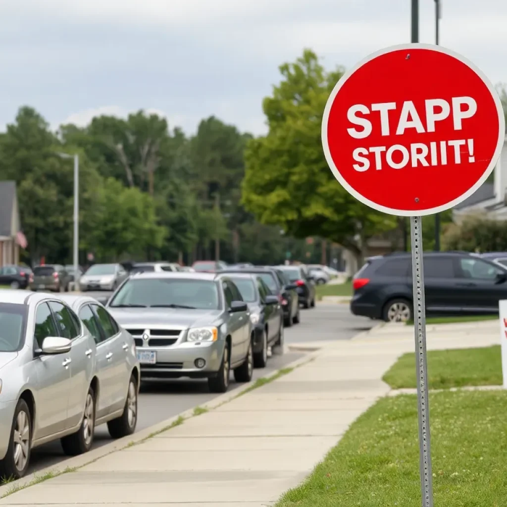 A neighborhood in Clinton with parked cars, showcasing community safety signage.