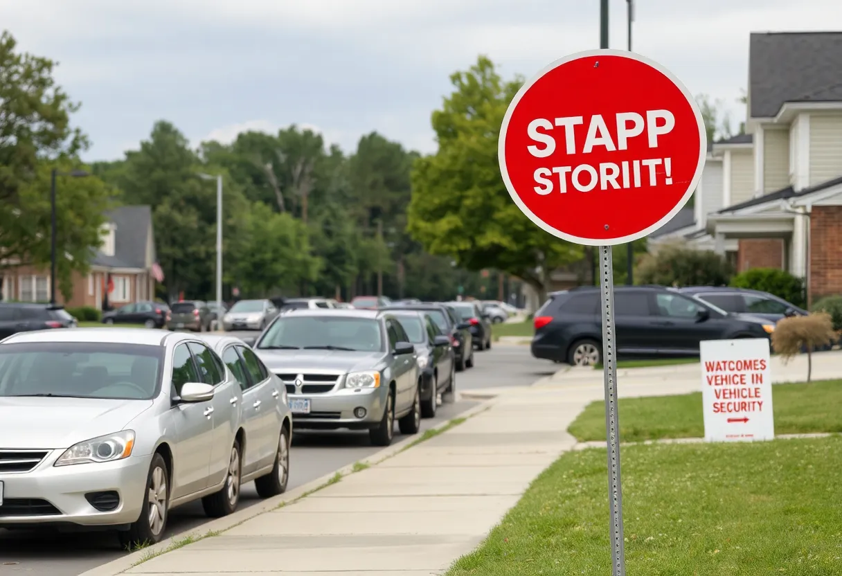 A neighborhood in Clinton with parked cars, showcasing community safety signage.