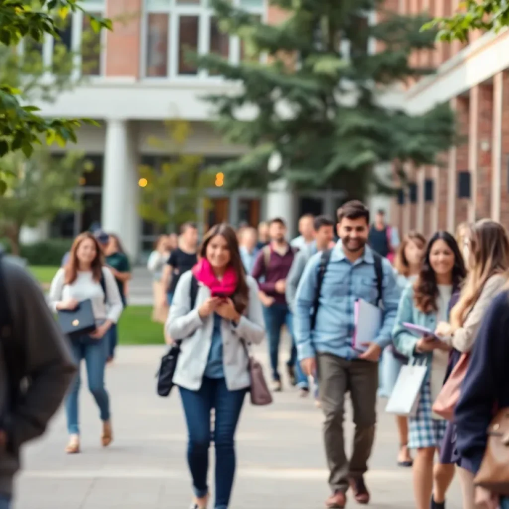 Students interacting in a lively college campus setting