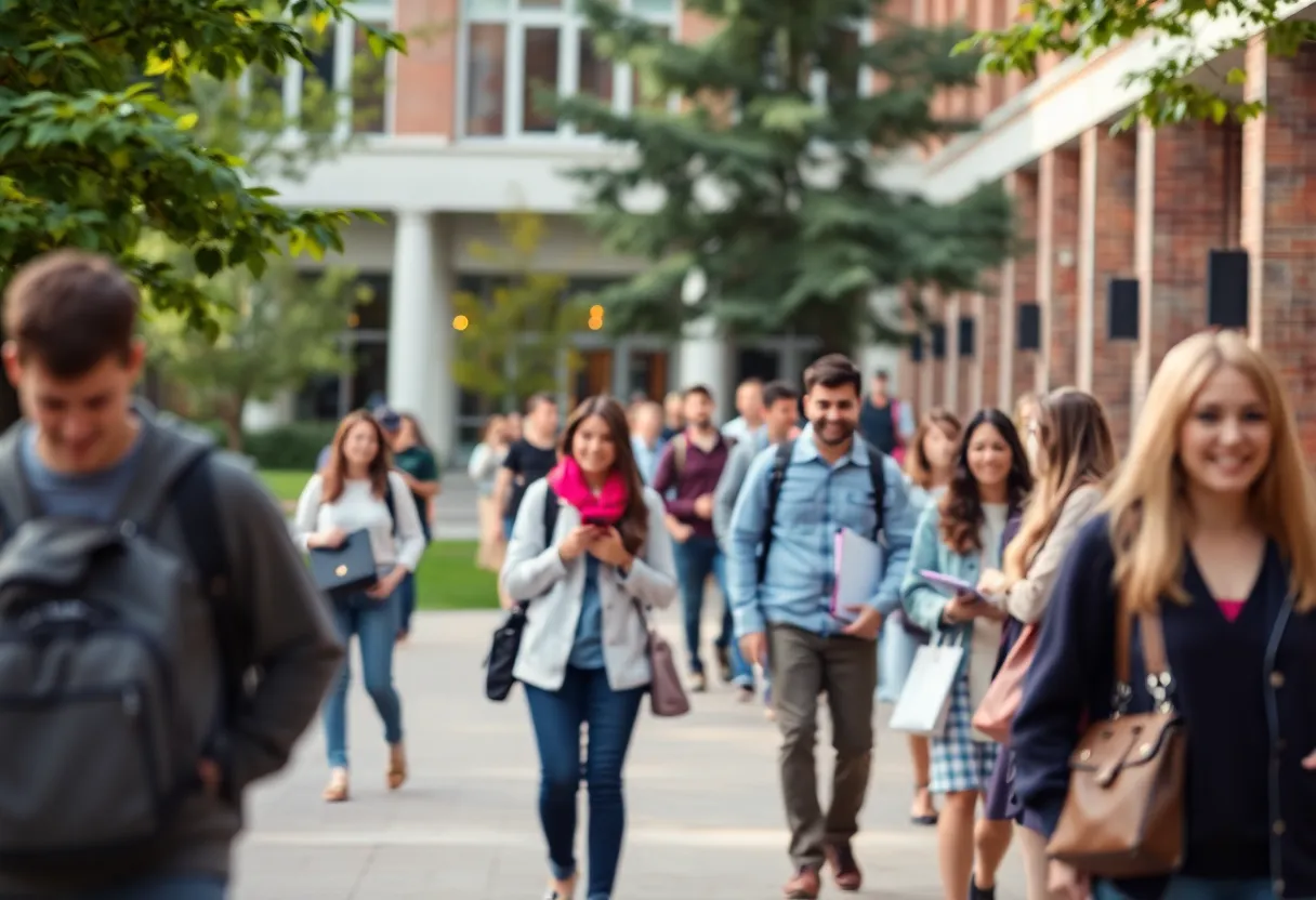 Students interacting in a lively college campus setting