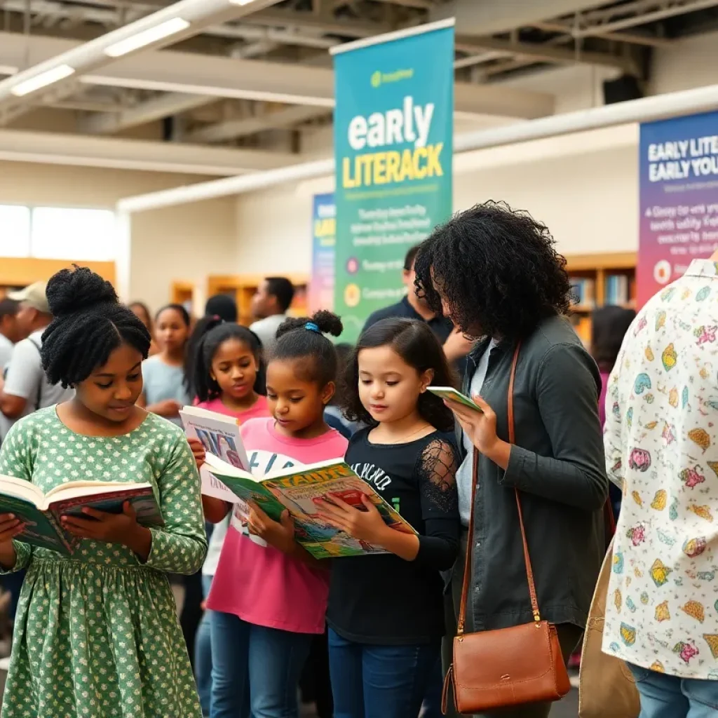 Families engaging with books at a library event.