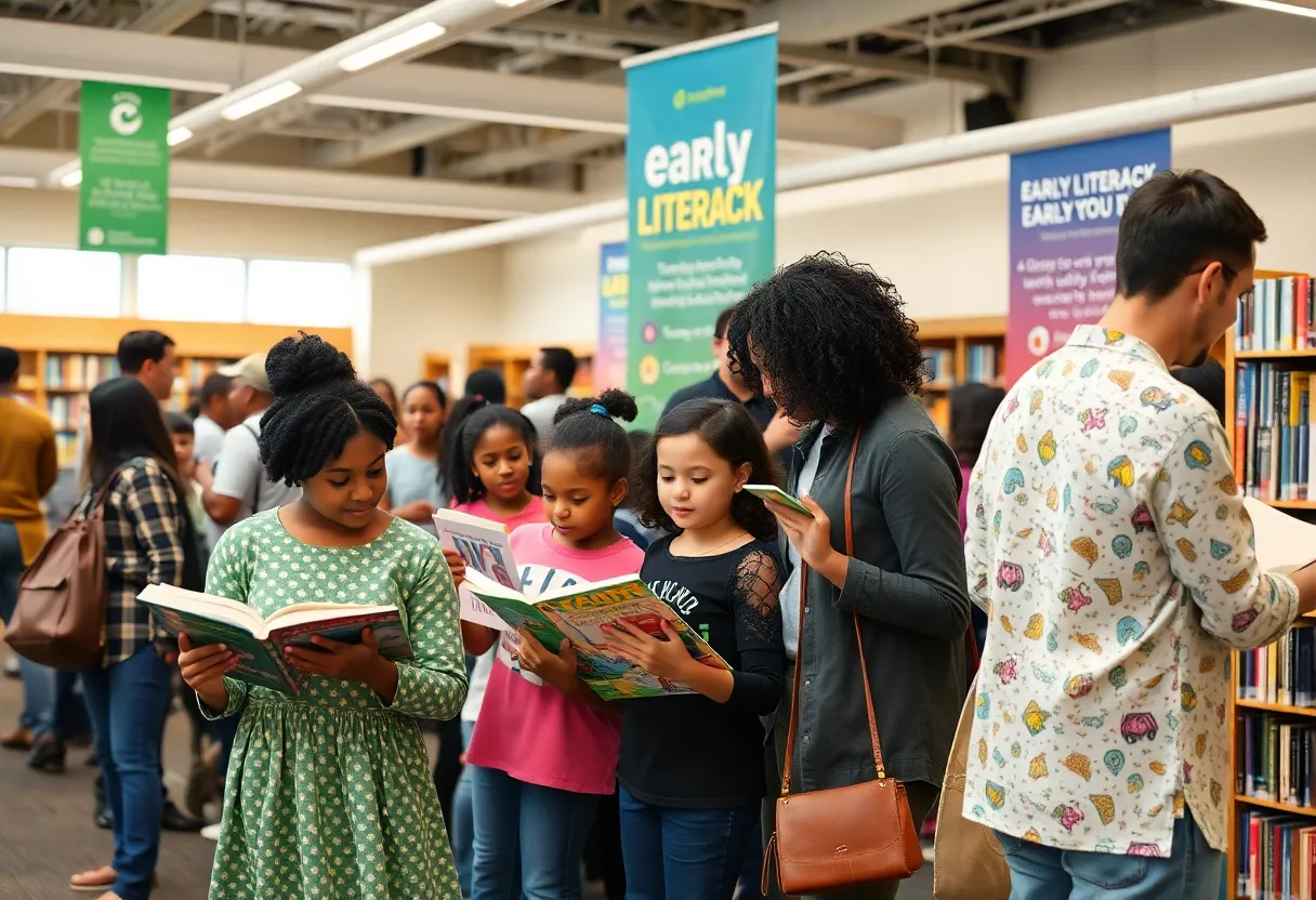 Families engaging with books at a library event.