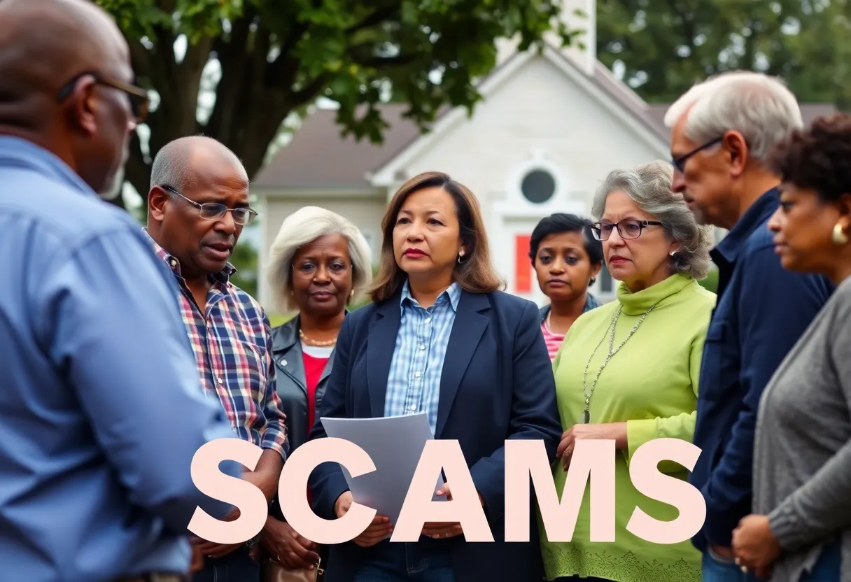 Community meeting discussing church scam alerts