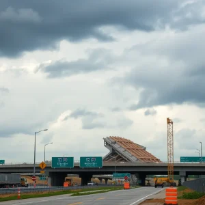Construction site of a diverging diamond interchange over an interstate with clouds