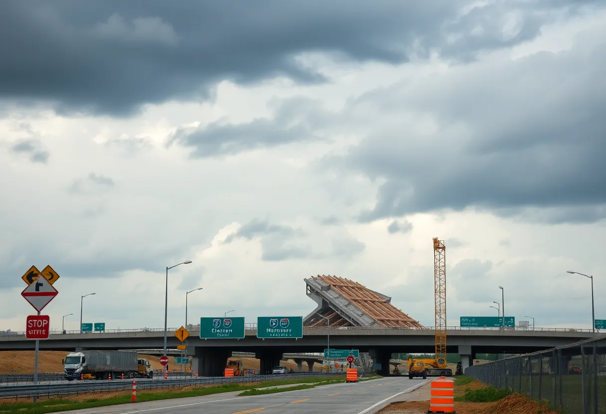 Construction site of a diverging diamond interchange over an interstate with clouds