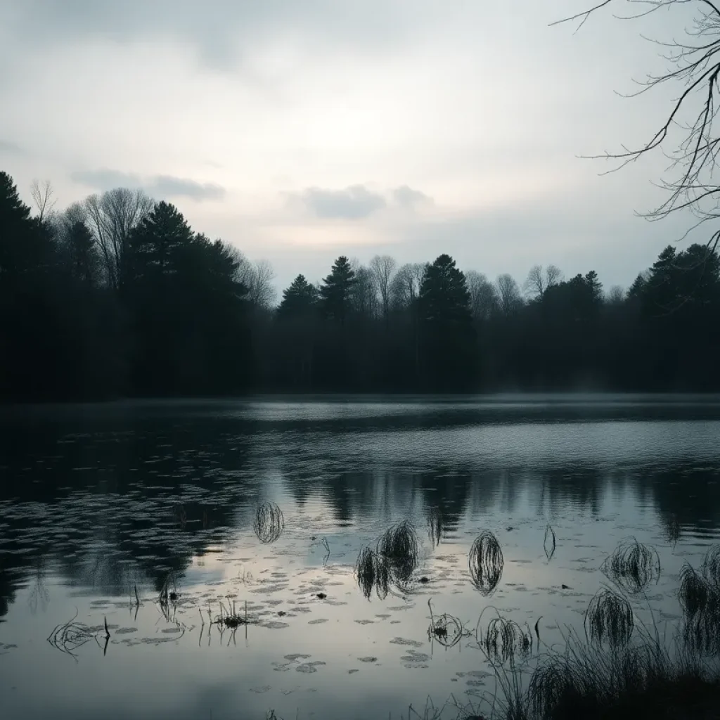 A serene pond surrounded by trees with a reflective surface in Fayetteville, North Carolina.