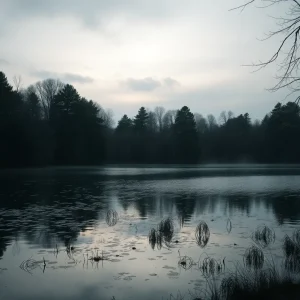 A serene pond surrounded by trees with a reflective surface in Fayetteville, North Carolina.