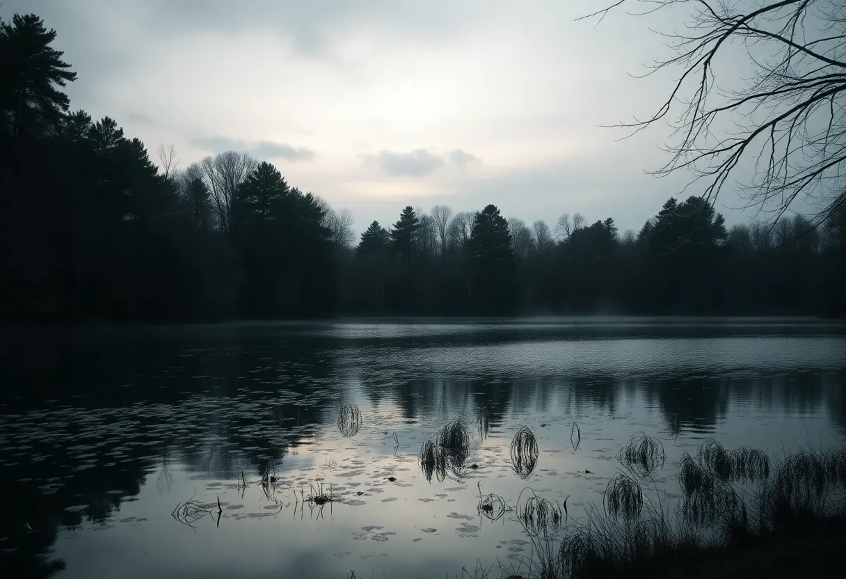 A serene pond surrounded by trees with a reflective surface in Fayetteville, North Carolina.