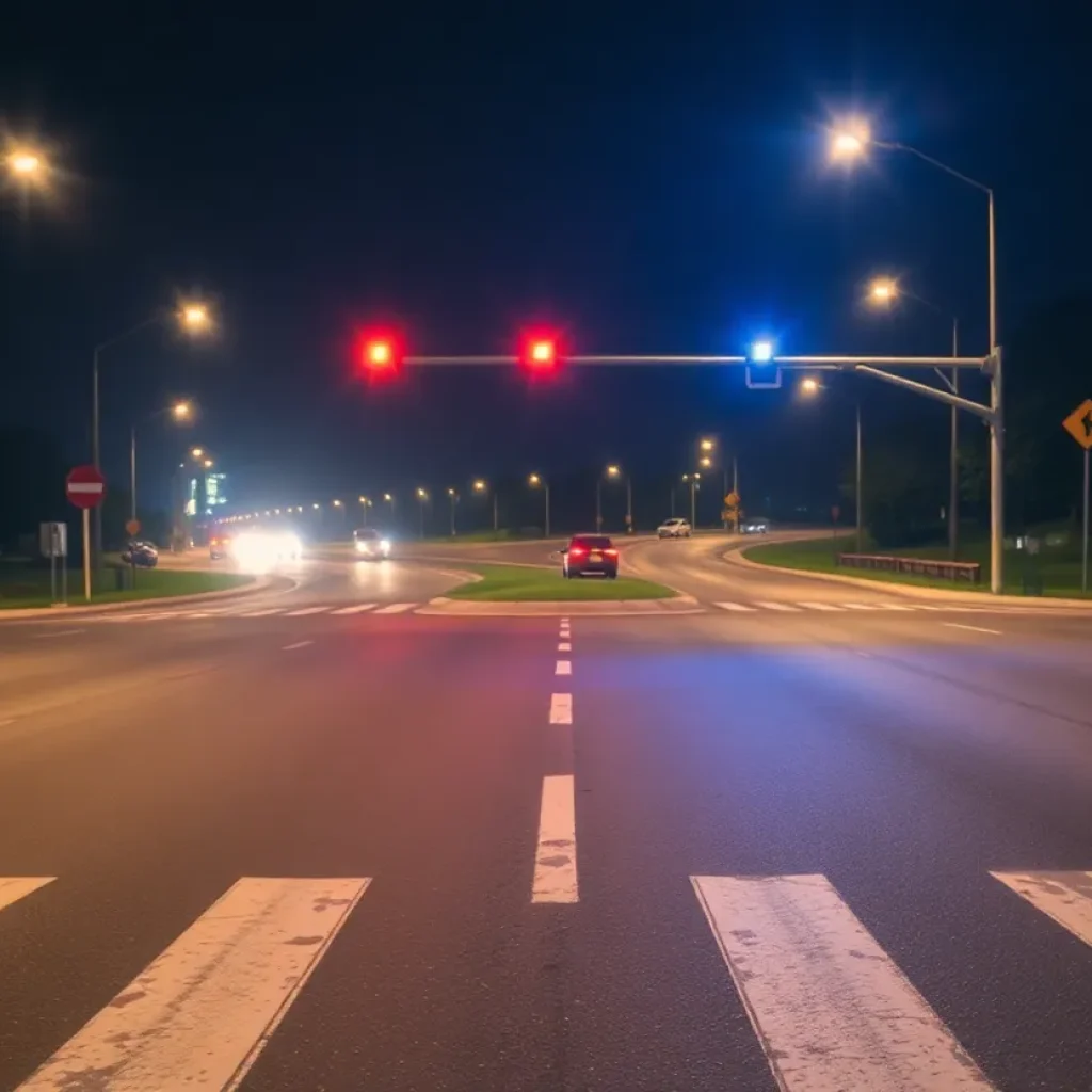 Quiet Fountain Inn intersection with police lights at night.