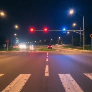 Quiet Fountain Inn intersection with police lights at night.