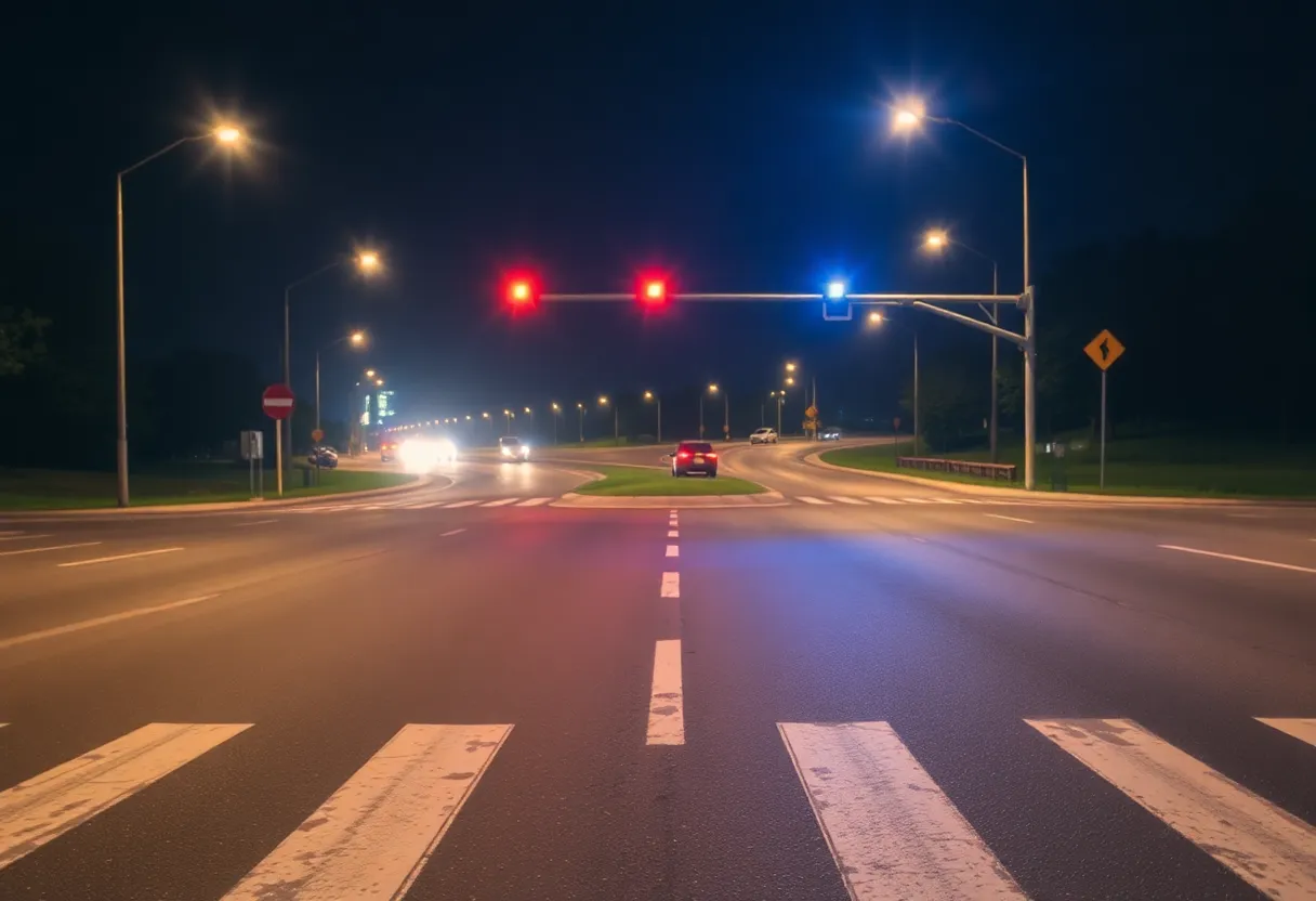 Quiet Fountain Inn intersection with police lights at night.
