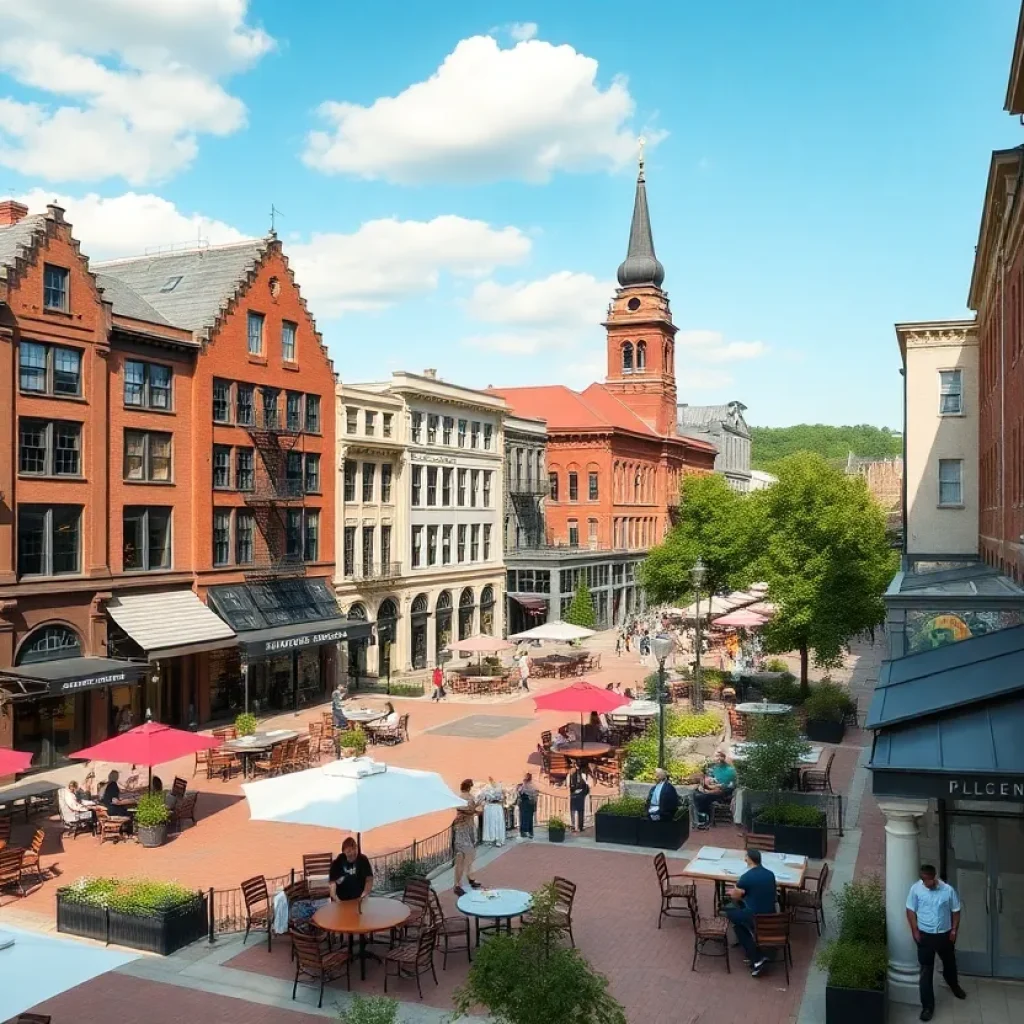 A community hub in Greenville County SC showing historic buildings and dining areas.