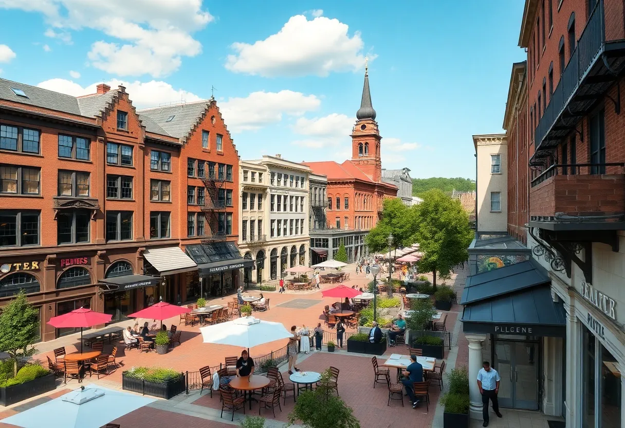A community hub in Greenville County SC showing historic buildings and dining areas.