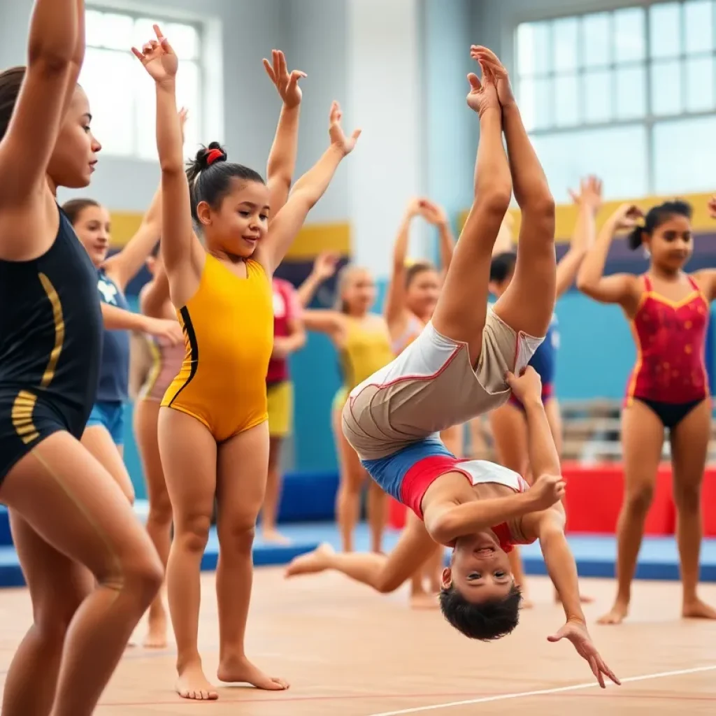 Gymnastics athletes training in a supportive environment.