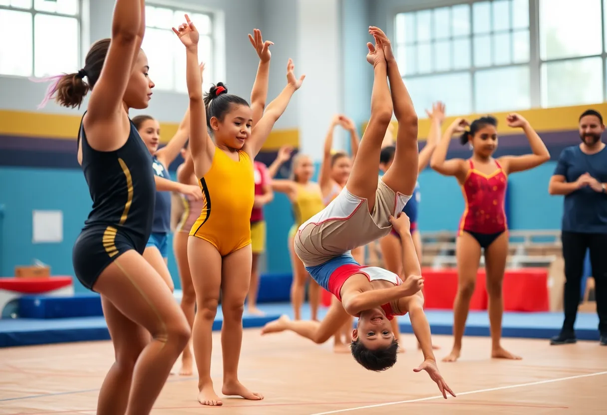 Gymnastics athletes training in a supportive environment.