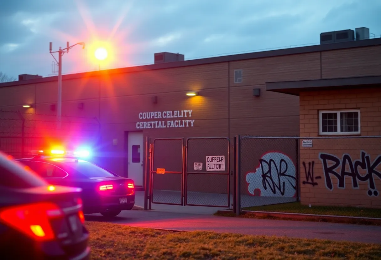 Scene depicting the aftermath of a jailbreak at a correctional facility.