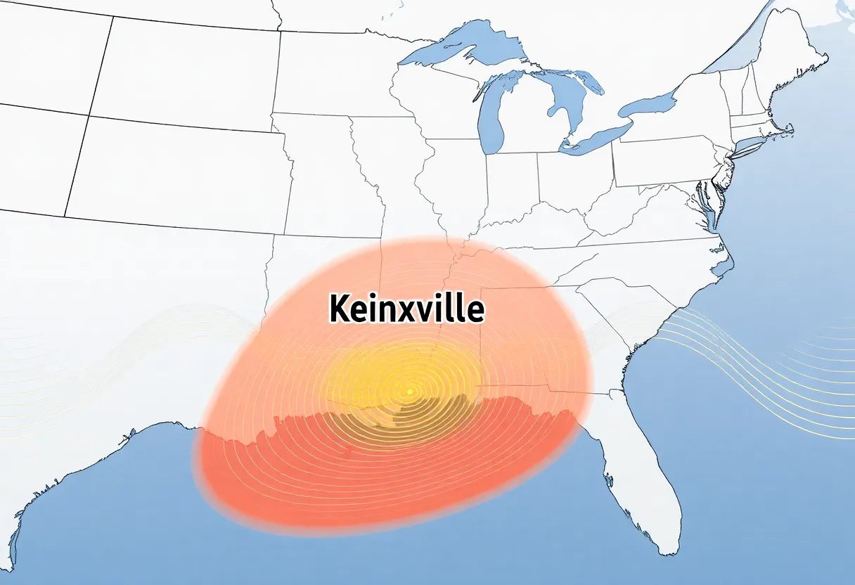 Map of Southeastern U.S. with earthquake impact areas highlighted