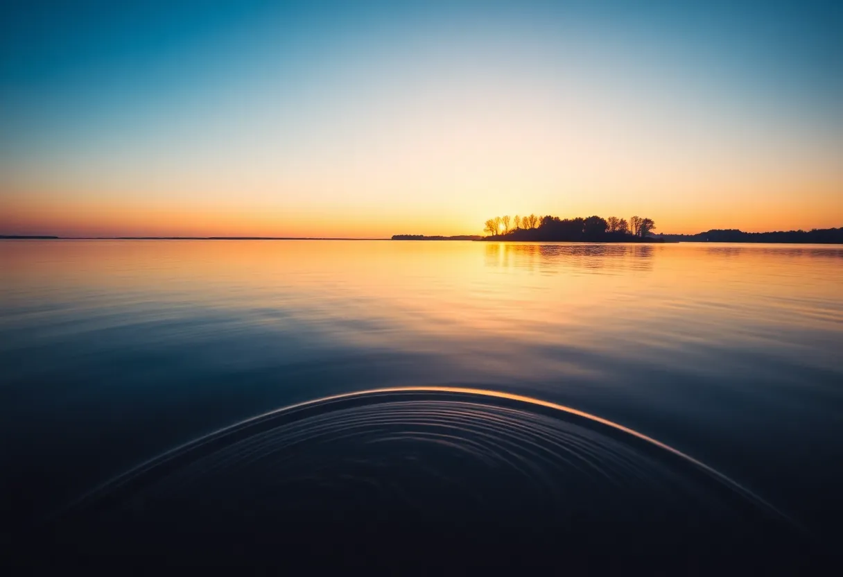 A tranquil lakeside scene at sunset, representing remembrance.