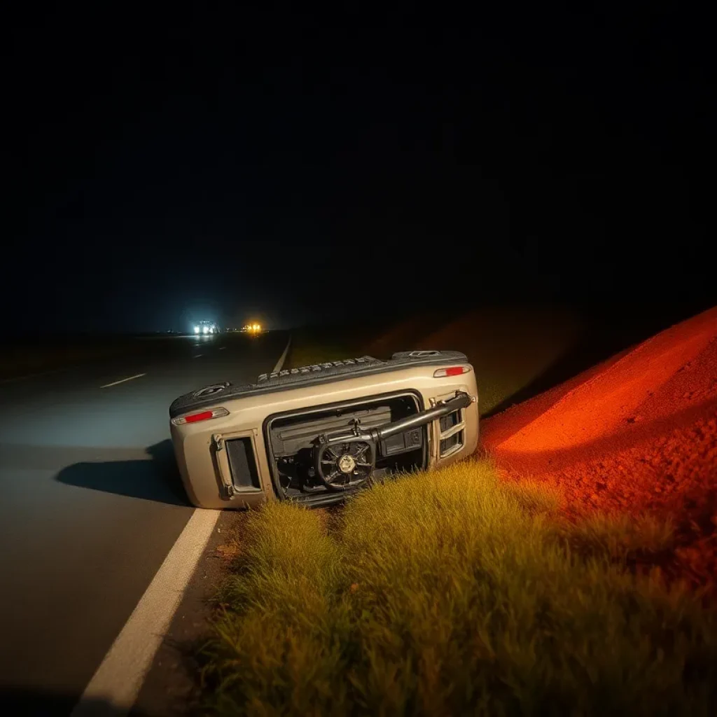 Overturned vehicle in a ditch on a dark road