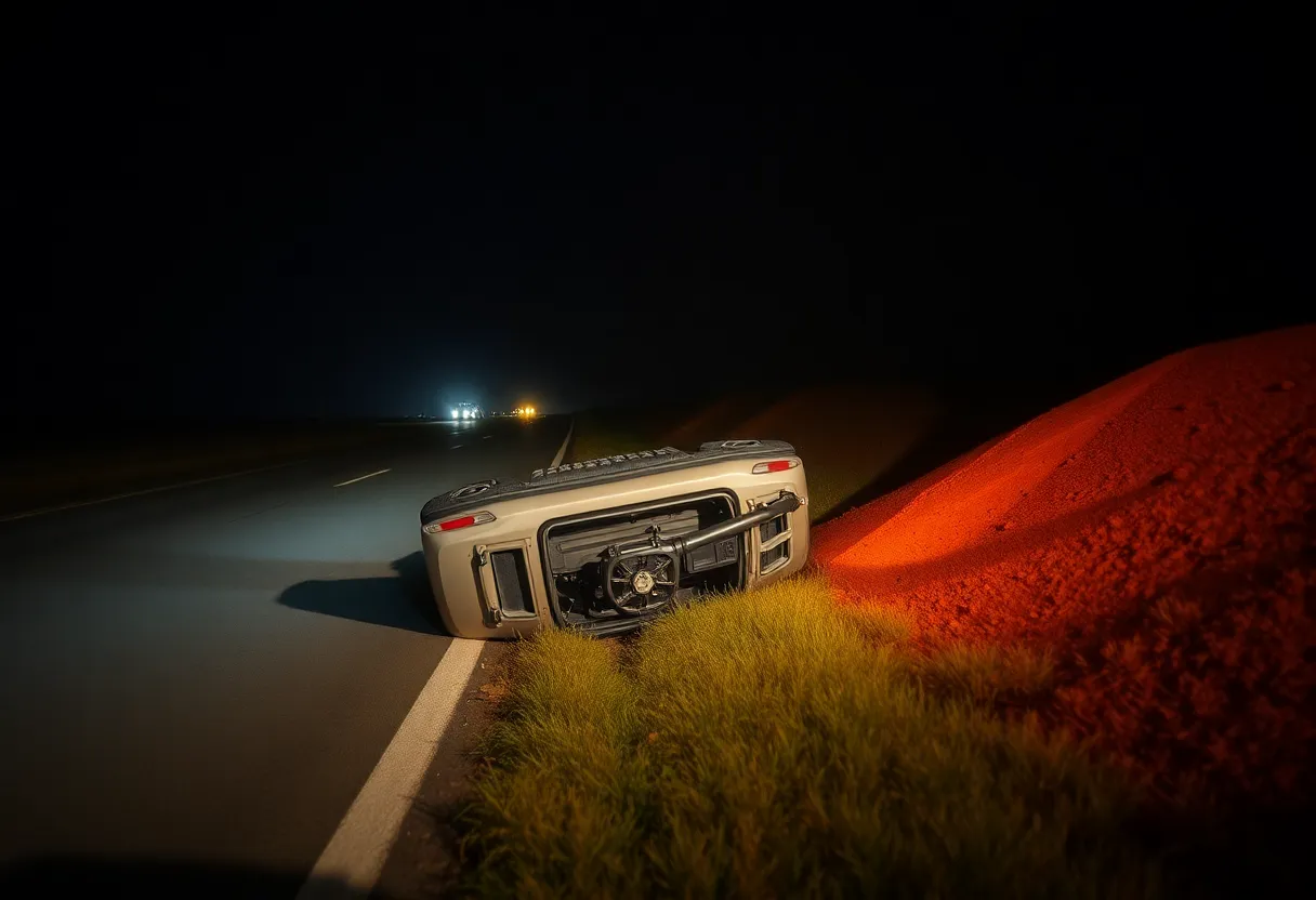 Overturned vehicle in a ditch on a dark road