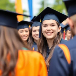 Graduating students celebrating outdoors in caps and gowns