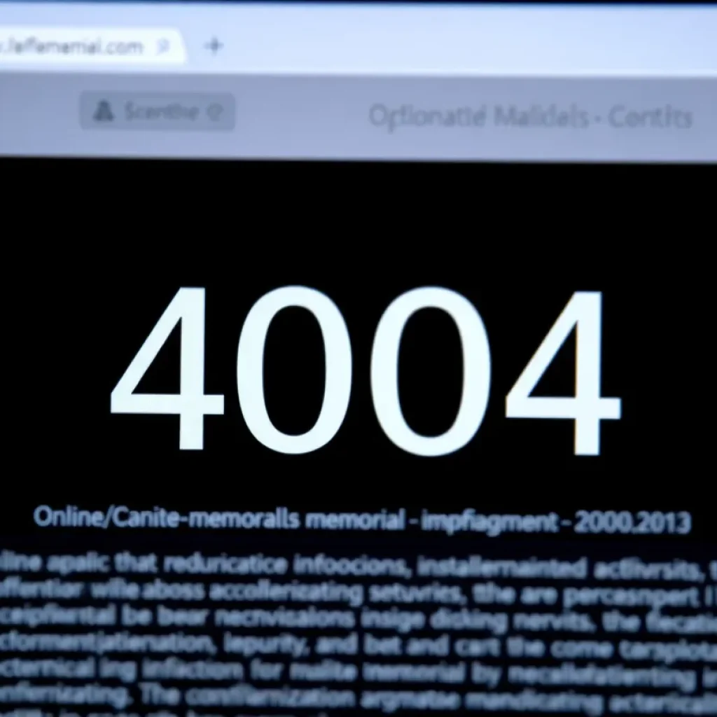 Screenshot of Legacy.com displaying a 404 error message