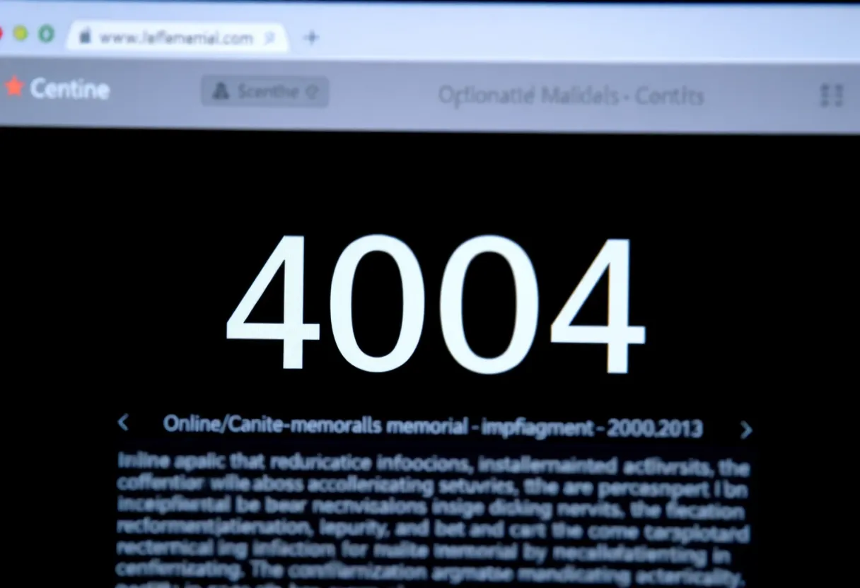 Screenshot of Legacy.com displaying a 404 error message