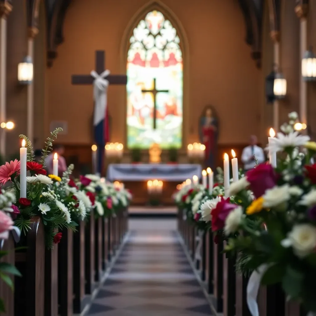 A memorial scene with flowers and candles at a church