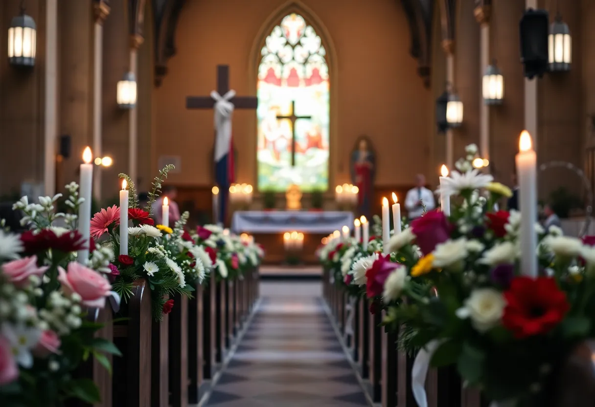 A memorial scene with flowers and candles at a church